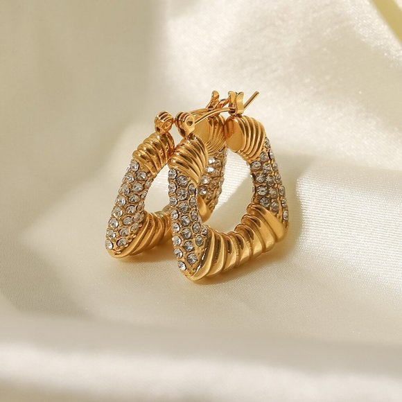 Zircon Chunky‎ Square 18K Gold Plated Hoop Earrings Stainless Steel - Picture 5 of 13